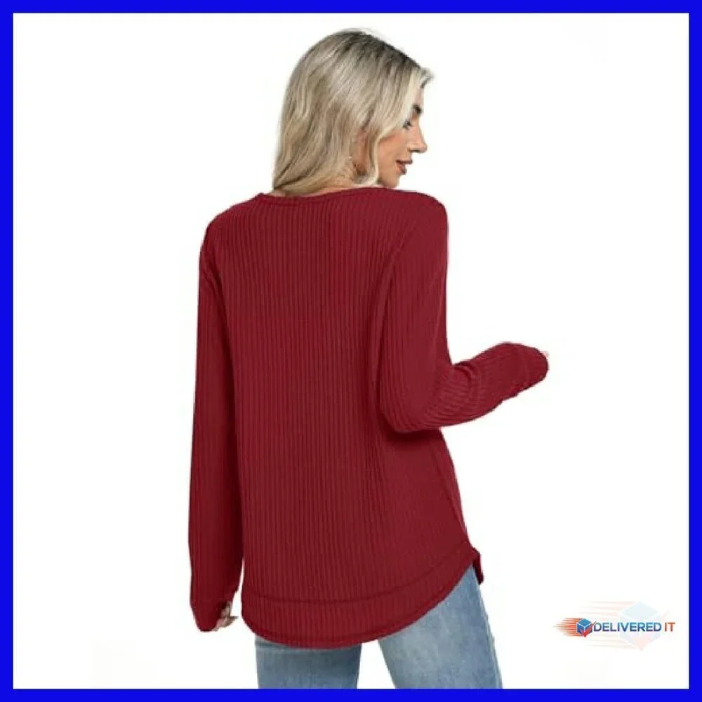 Waffle Knit Tunic Top Long Sleeve Crewneck Curved Hem Loose Fit